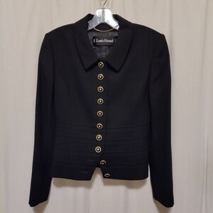 Black Fitted Jacket with Piping Details & 10 Front Buttons By Louis Feraud, Sz 6